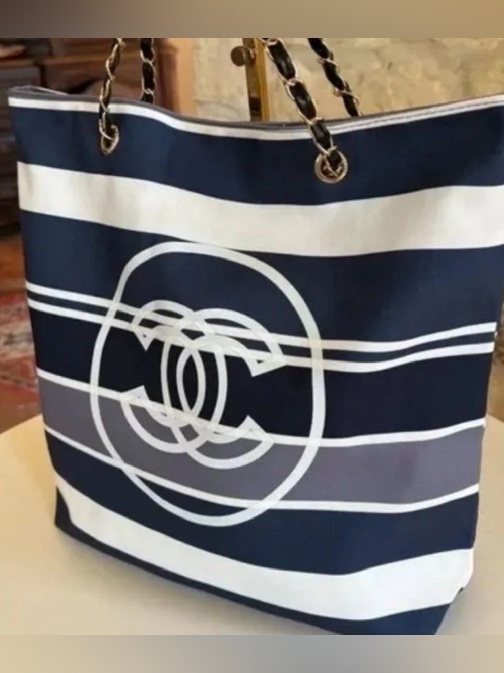 GWP-Chanel Chic Nautical Stripe Tote Bag - Navy & White